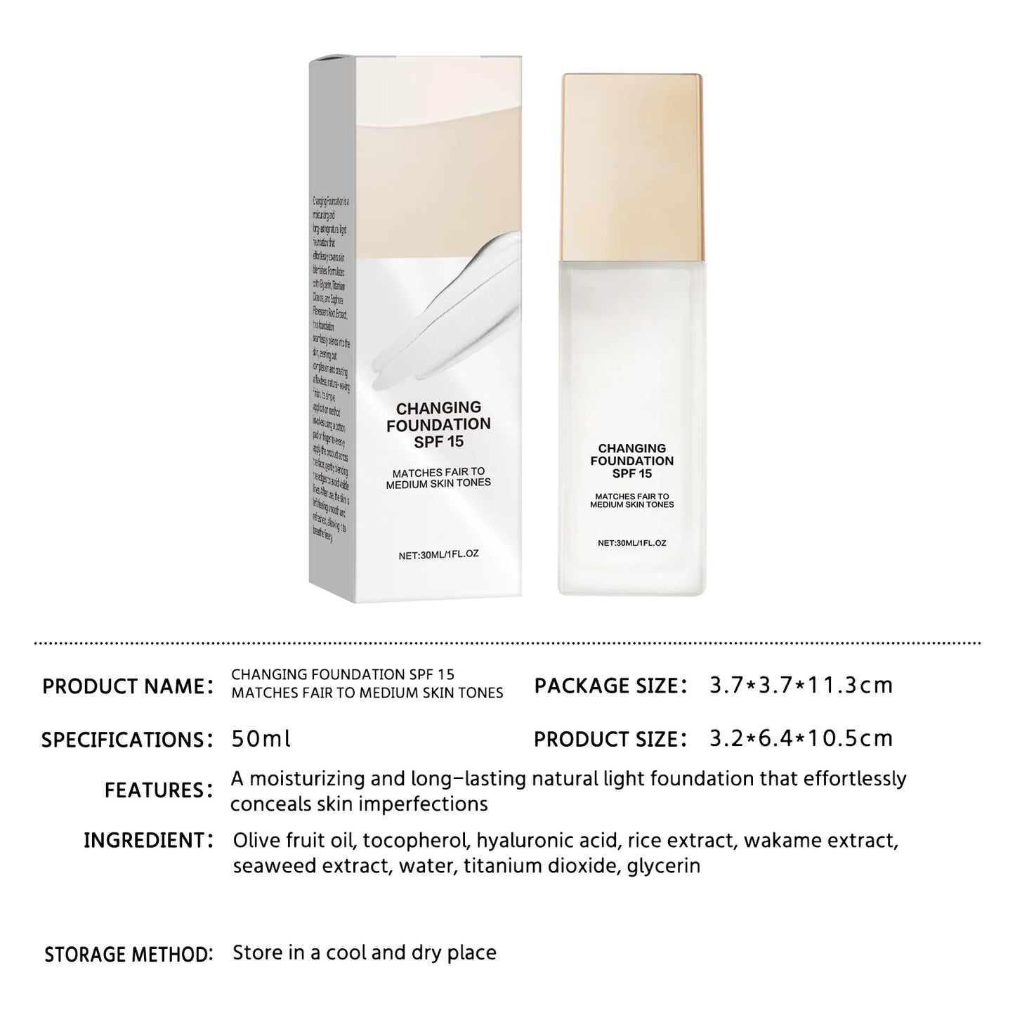 Changing Foundation SPF 15 - 50ml Lightweight Liquid Makeup for Fair to Medium Skin, Hydrating Natural Coverage with Hyaluronic