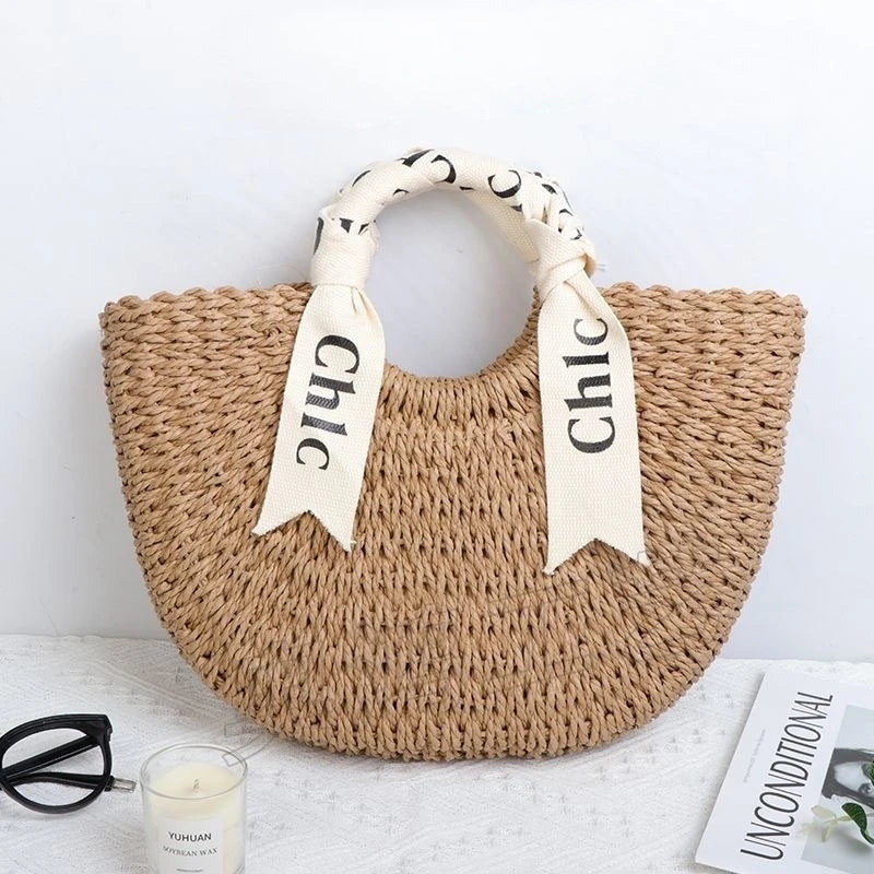 Hand Woven Straw Semicircle Tote Bag Large Capacity Handheld Crossbody 2-in-1 Beach Vacation Fashion Bag for Women
