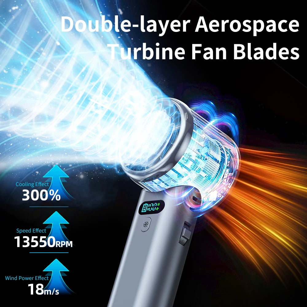 Ice Compress High-Speed Cooling Fan Handheld Fans USB Rechargeable Portable Mini Fan LED Digital Display, Travel, Camping