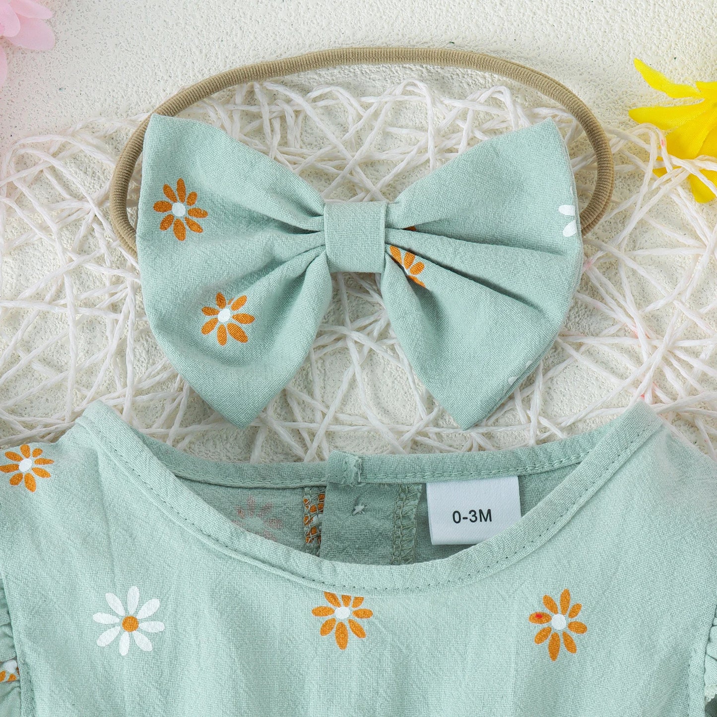 2PCS Summer 0-2 Years Old Comfortable Fashion Cute Baby Girl Multi-Color Printed Flower Jumpsuit + Bow Head Estimate