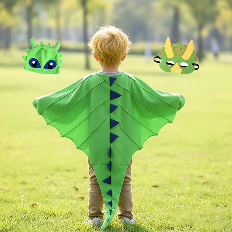 Kids Dragon Cape Costume 3PCS Cloak Hat Mask Set Halloween Carnival Role Play Outfits for Boys Girls School Performance Clothes