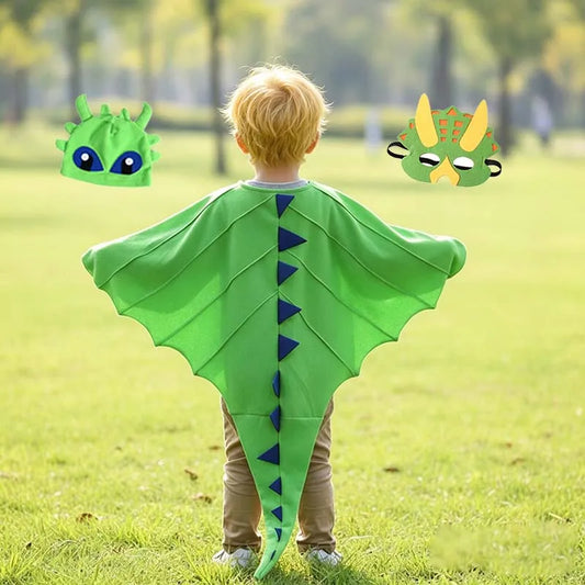 Kids Dragon Cape Costume 3PCS Cloak Hat Mask Set Halloween Carnival Role Play Outfits for Boys Girls School Performance Clothes