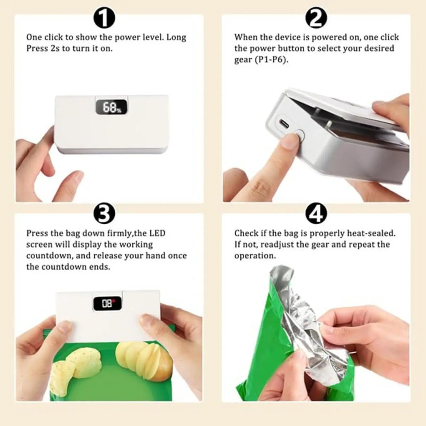 6-Mode Rechargeable Magnetic with Cutter Mini Sealer Electric Handheld Sealer Machine for Home Kitchen Restaurant Snack Chip