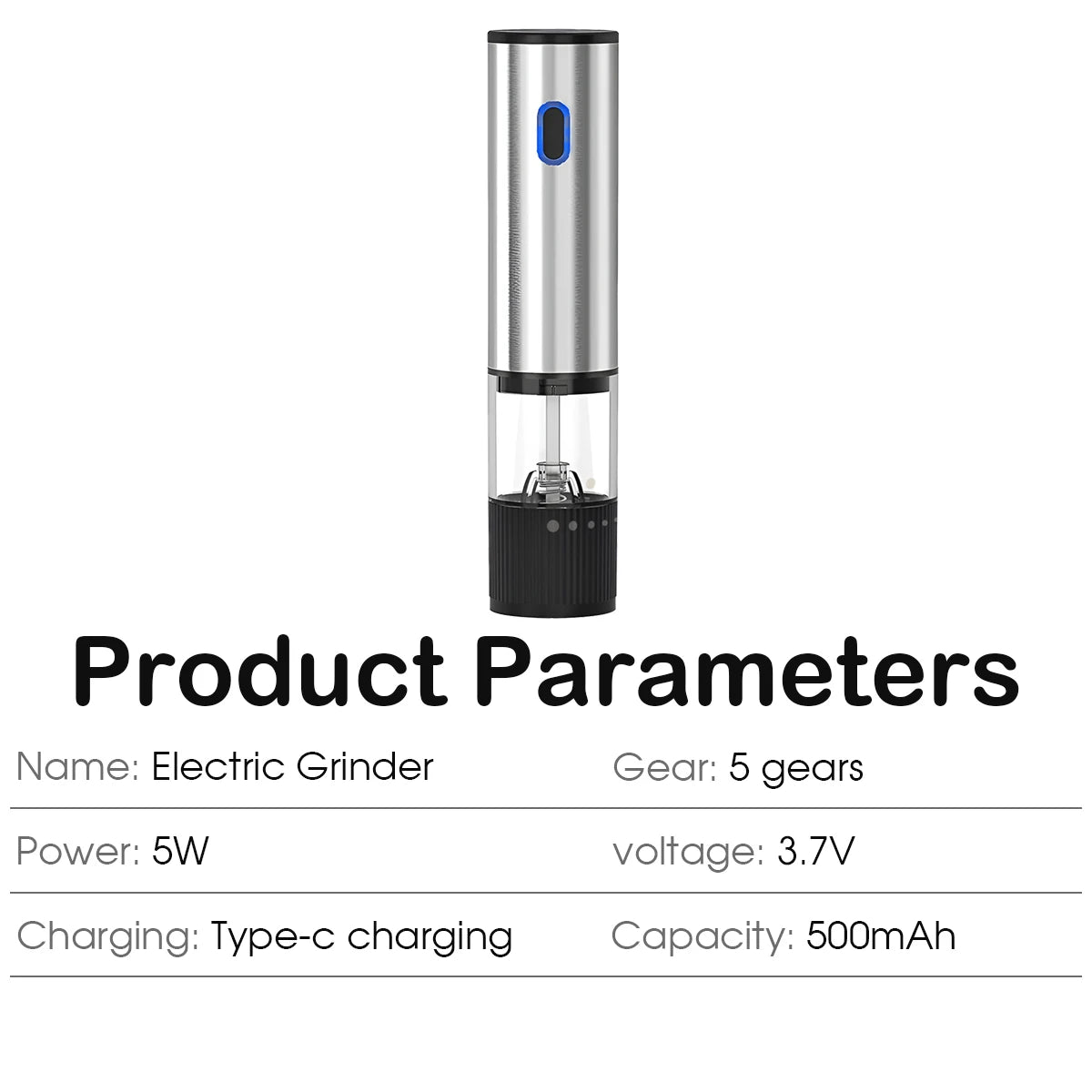 Electric Pepper Grinder 500mAh Battery USB-C Charging 5-Level Adjustable Grind Settings Automatic Spice Grinder for the Kitchen