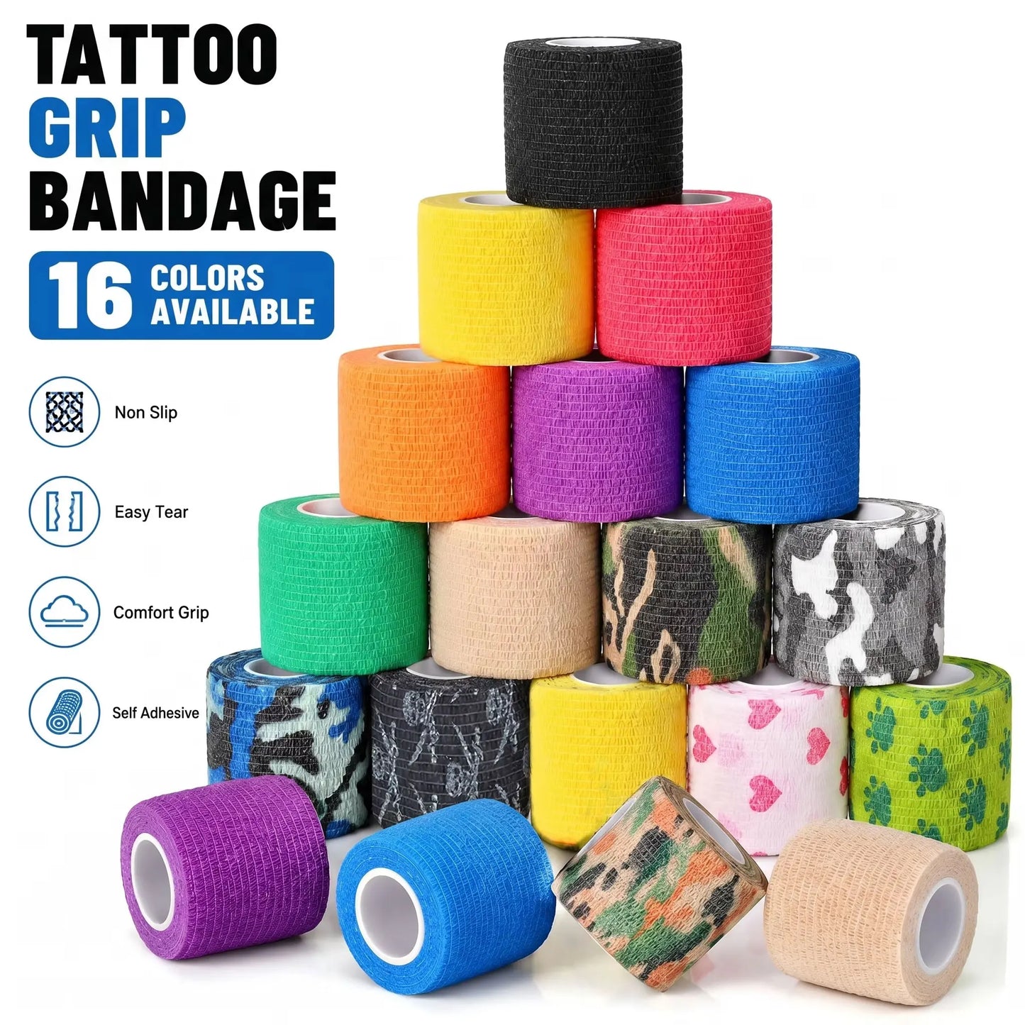 16/10/3PCS Tattoo Grip Bandage Colorful Self Adhesive Wrap 5cm X 4.5m Non Slip Handle Tape Tattoo Machine Grip Cover Supplies