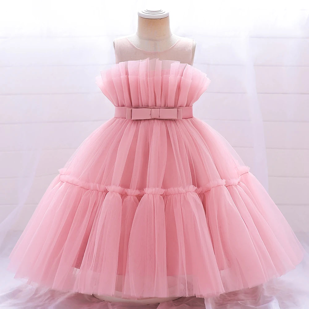 Bow Tulle Baby Baptism Dress For Girls Princess Costume Infant 1 Year Birthday Wedding Party Dresses Toddler Girl Summer Clothes