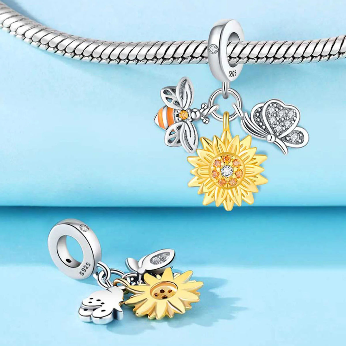 925 Sterling Silver Plated Bee Sunflower Butterfly Charm Pendant Fine Jewelry Women DIY Bracelet Necklace Birthday Party Gift