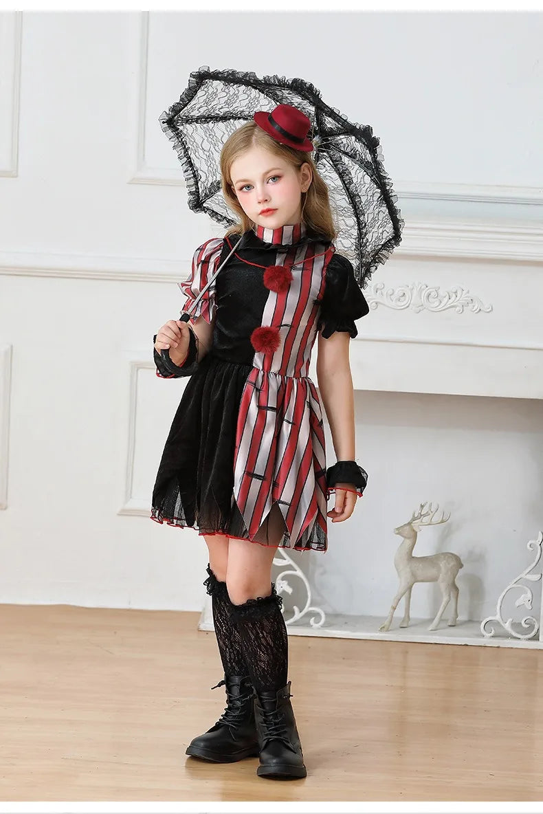 Halloween Cosplay Costumes Horror Clown Dresses Pants Headwear Clothes Sets Carnival Theme Party Role Playing Outfits for Girls