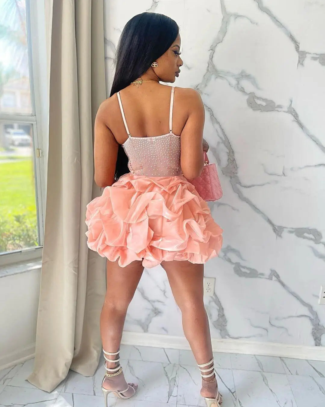 HBLL Sexy Rhinestone Bodycon Ruched Puff Suspenders Dresses Women Sheer Mesh Birthday Party Night Clubwear Summer Dresses Robes
