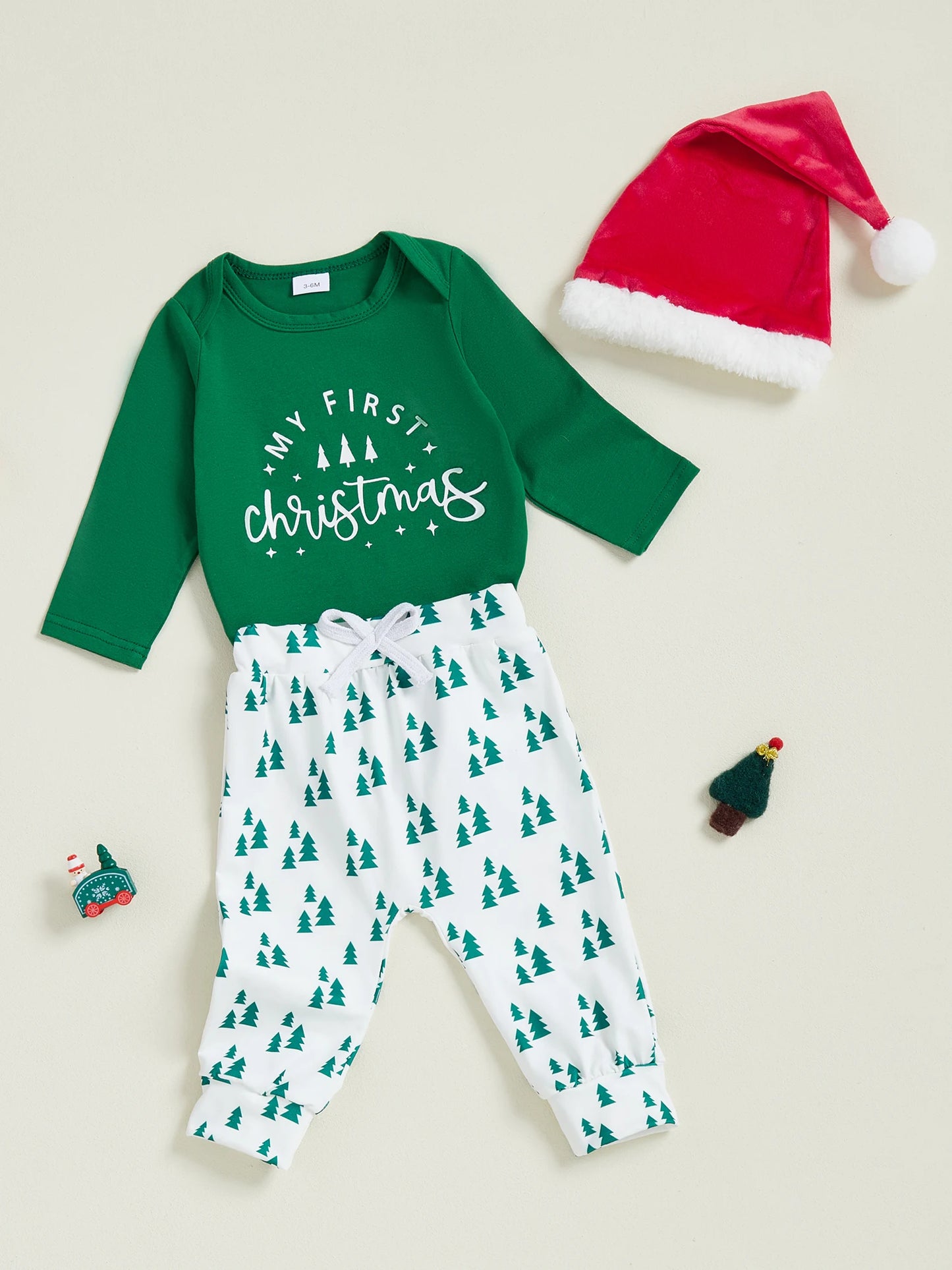 Baby Boy First Christmas Outfit Long Sleeve Truck Tree Print Romper Jogger Pants Hat Newborn Fall Winter Clothes Set