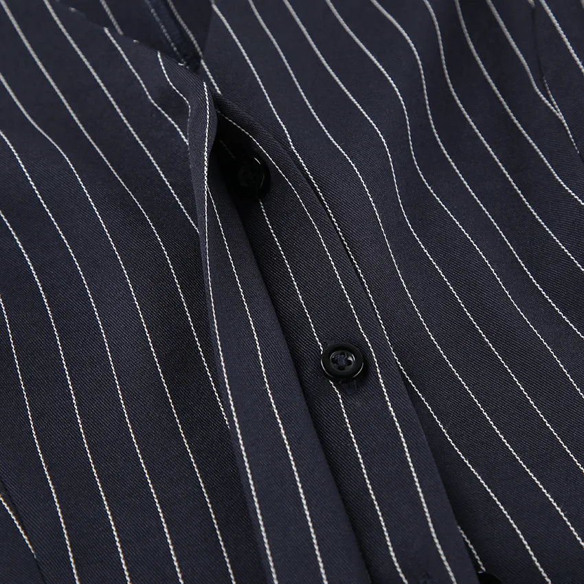 Women's Matching Sets 2026 Woman Navy Blue Striped V-neck Waist Small Suit Top Short A-shaped Skirt Women's Two-piece Set