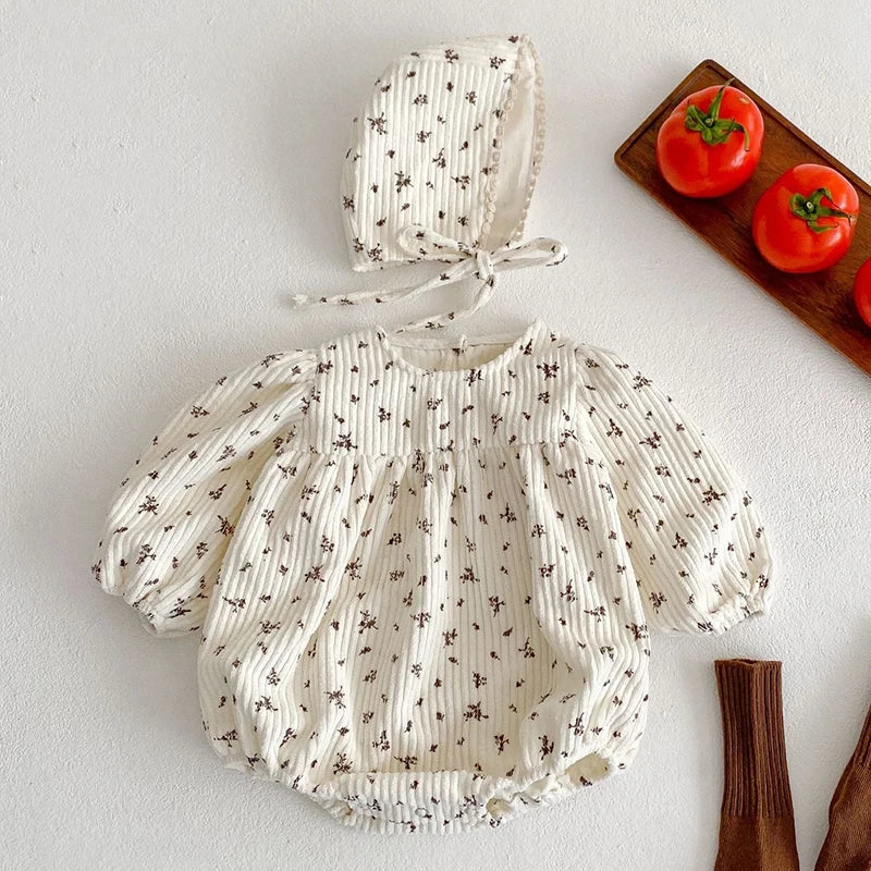2024 New Autumn Kids Clothing Spring Infant Baby Girl Bodysuits+Hat Corduroy Long Sleeve Printing Newborn Baby Girl Jumpsuit