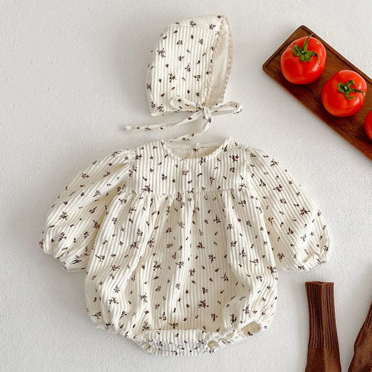 2024 New Autumn Kids Clothing Spring Infant Baby Girl Bodysuits+Hat Corduroy Long Sleeve Printing Newborn Baby Girl Jumpsuit