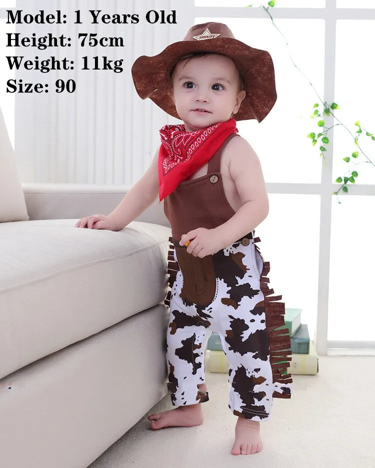 Baby Boy Clothes cowboy Costume Infant Toddler Cowboy Set 3Pcs Hat Scarf Romper Halloween Event Birthday Holiday Cosplay Outfits