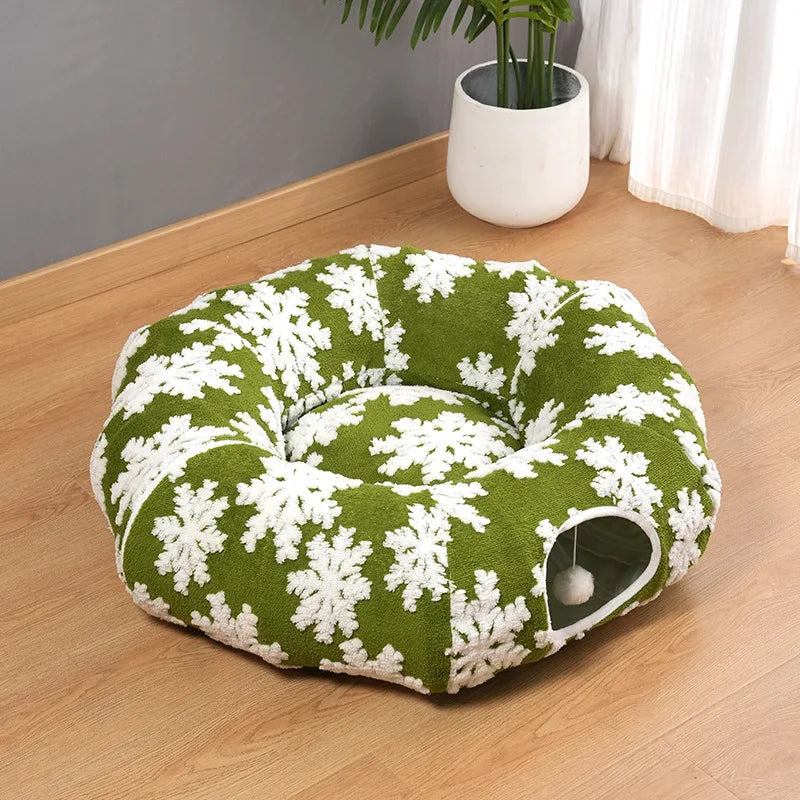 Round Donut Cat Beds Christmas House Soft Plush Pet Mat for Puppy Cushion for Cats To Hide 2 in 1 Tunnel Cats Sleeping Sofa Noel