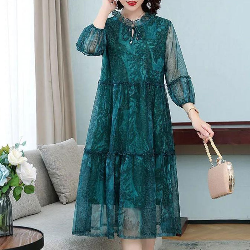 Summer New Casual Half Sleeve Midi Dress Vintage Printed Women's Clothing Ruffles Spliced Stylish Drawstring Loose Gauze Dresses