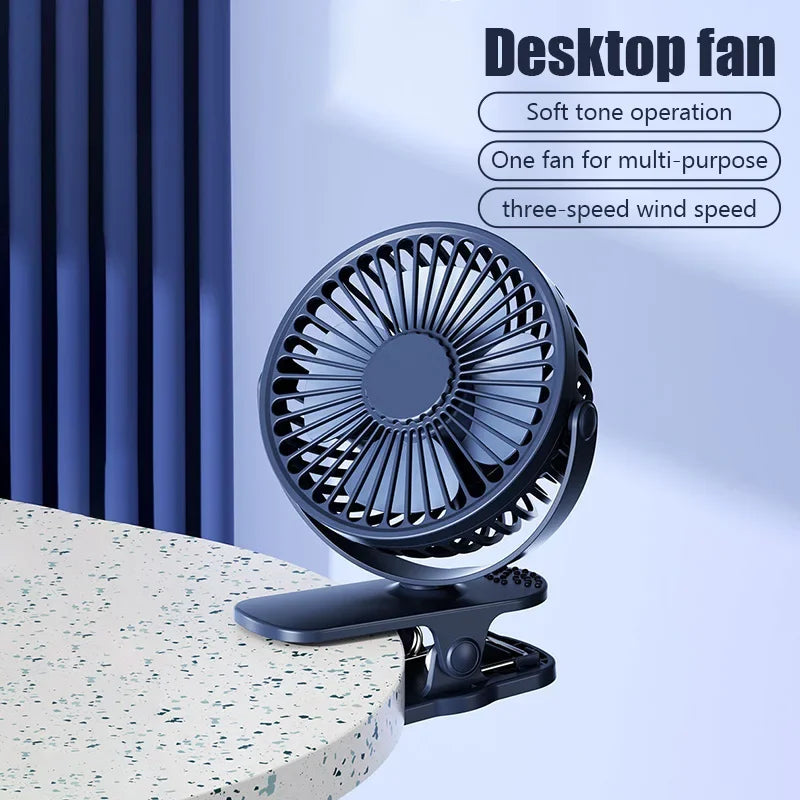 NEW Portable Clip on Fan USB Desk Fan 3 Speeds Quiet Wind Rotate Personal Electric Fan Standing Fans For Office Student Deskto