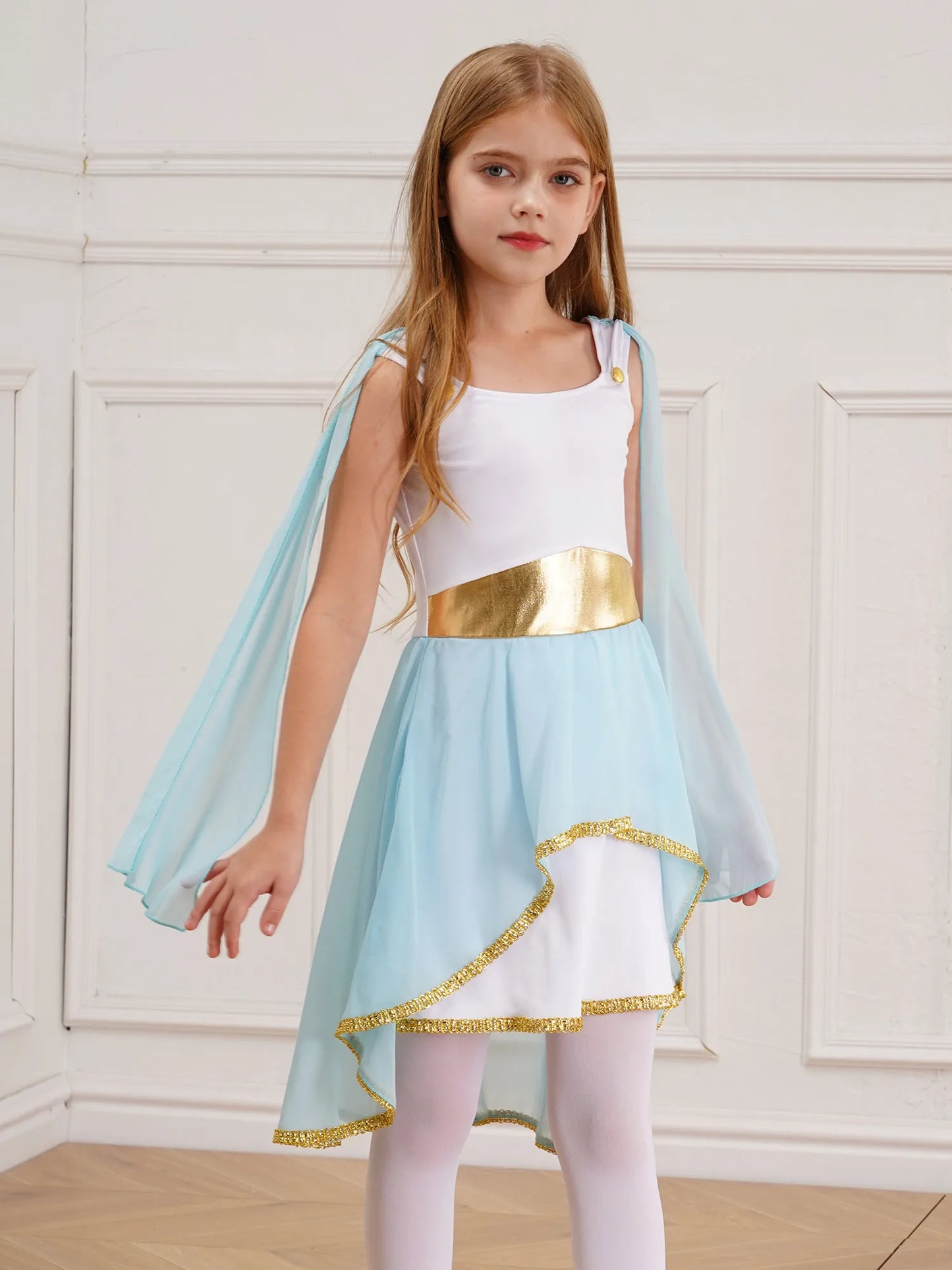 Halloween Virgin Mary Costume for Kids Girls Fancy Greek Princess Cosplay Long Sleeve Ruffle Dress with Chiffon Cape Theme Party