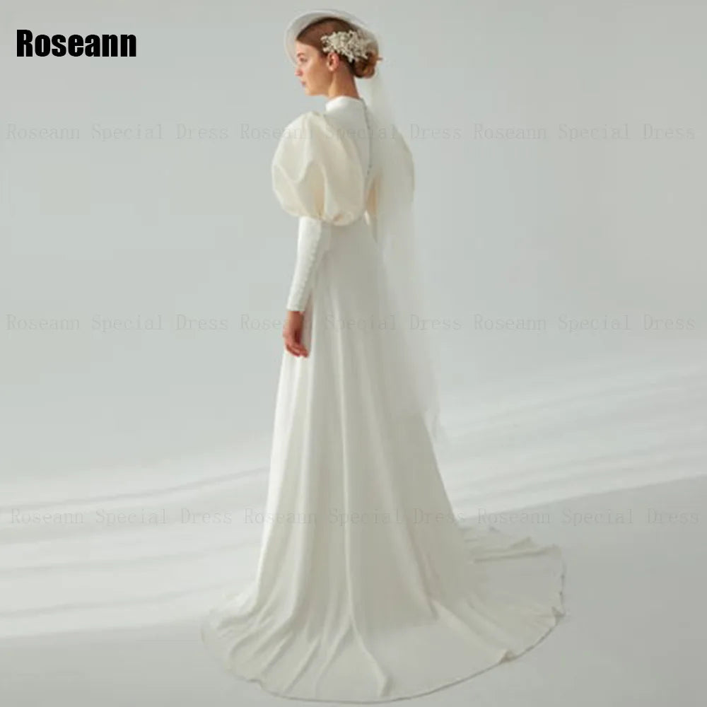 Customized Muslim Exquisite A-line Wedding Dresses Button Puff Sleeve High Collar Satin Bride Gown Floor Length robe de mariée