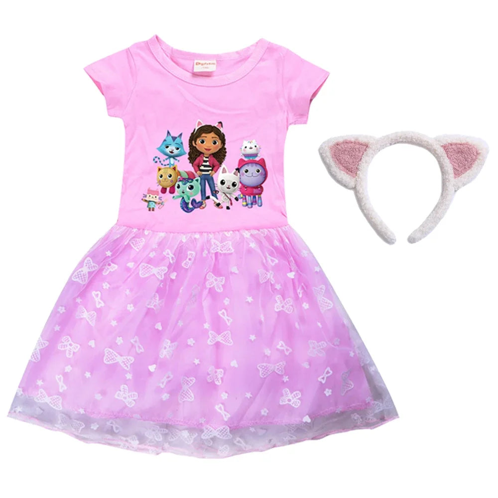 2024 Girls Summer Dresses Gabbys Dollhouse Girls Cat Tastic Costumes Kawaii Kids Birthday Party Princess Dress with Headwear Bag