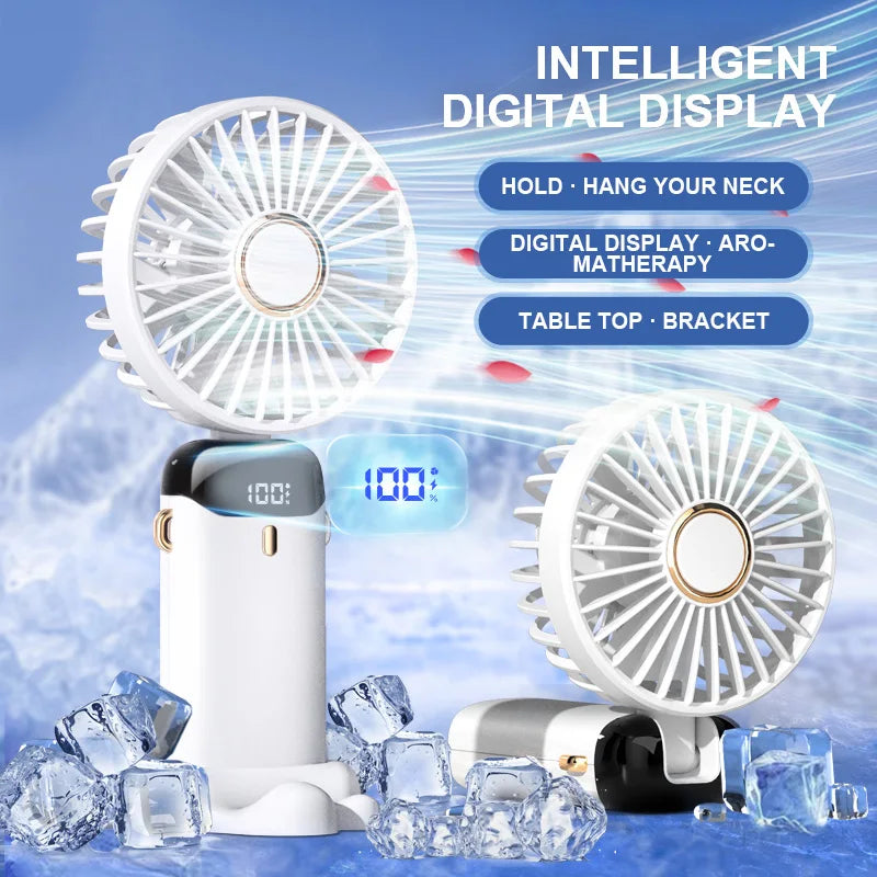 Handheld Mini Electric Fan Foldable Portable Neck Hanging Fans 5 Speed USB Rechargeable Fan With LED Display Screen Phone Stand
