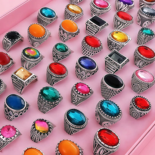 6/12/24/36/48/100Pieces Fashion Elegant Colorful Glass Rings Set For Women Random Mix Style Daily Party Gifts Jewelry