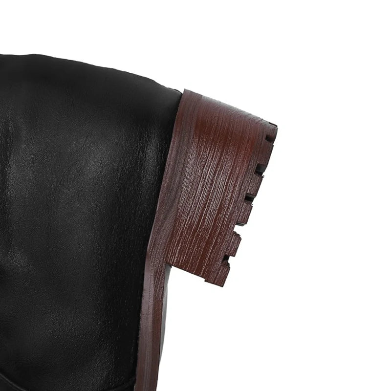 SIMLOVEYO Snow Boots fur Women Leather Boots Med Block Heels Over The Knee Boots Lady Shoes Bota Feminina Size 44 46