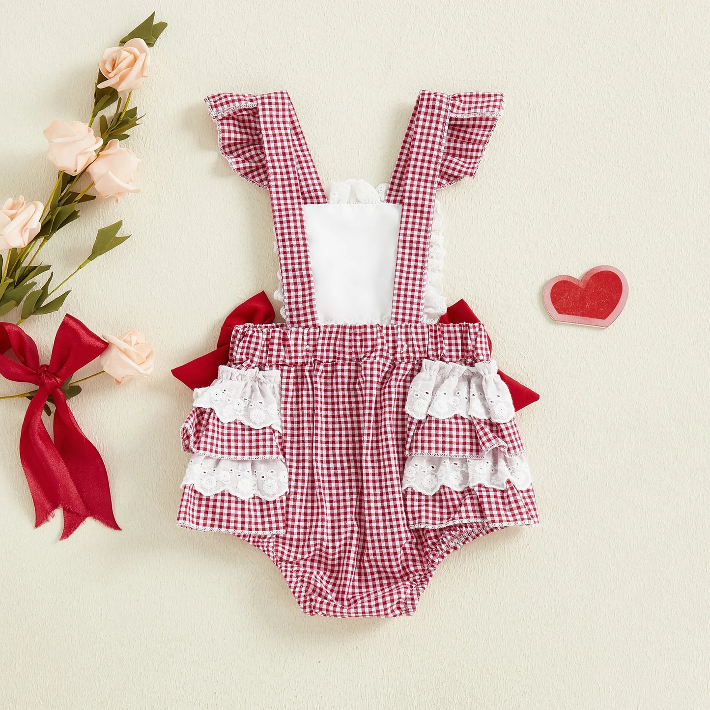 0-18M Valentine's Day Infant Baby Girls Rompers Sleeveless Square Collar Lace Ruffled Letter Embroidery Bow Jumpsuit