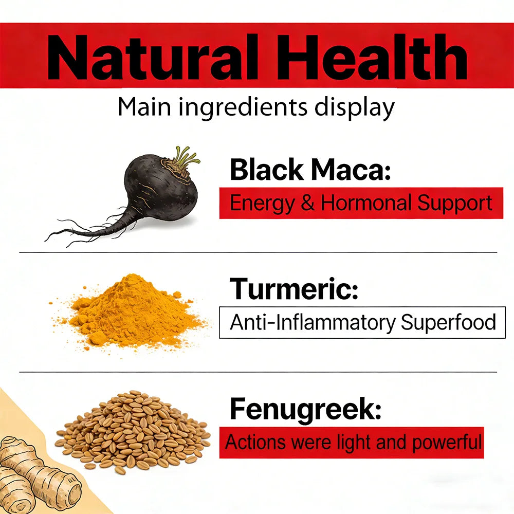 Fenugreek Supplement Capsules, with Turmeric, Black Maca, Endurance, Energy, Strength Support, Improves Mood, Overall Health