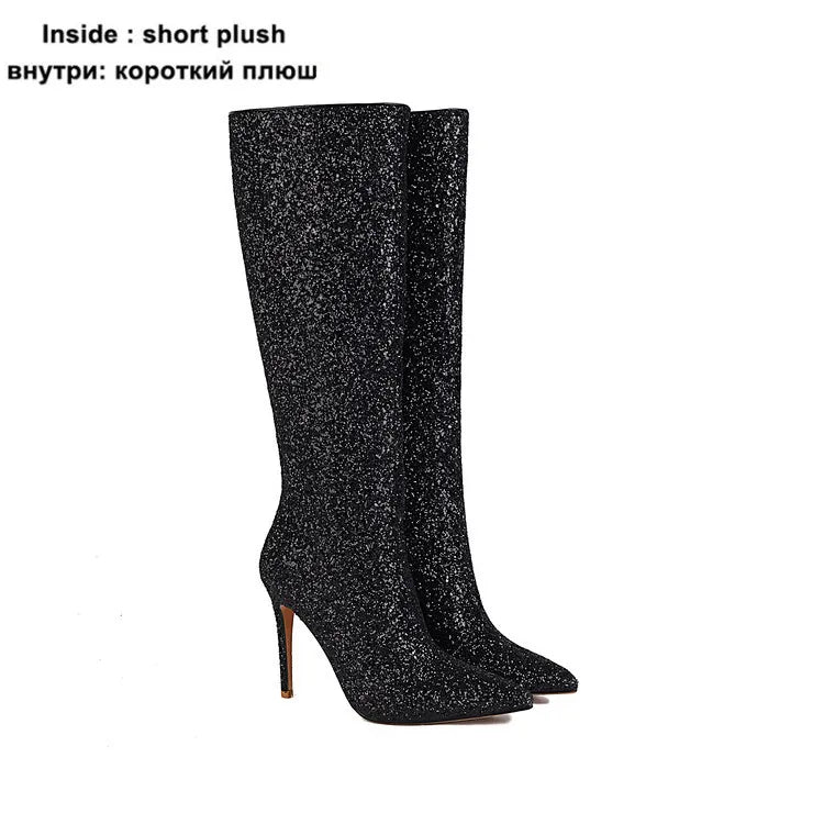 Ochanmeb Sexy Stiletto Heels Silver Red Glitter Boots Women Thin High Heeled Bling Bling Gold Sequined Knee-high Long Boot Party