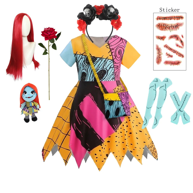 2026 Halloween Horror Party Cosplay Costume for Girl The Nightmare Before Xmas Role Play Dress up Toddler Classic Sally Frocks