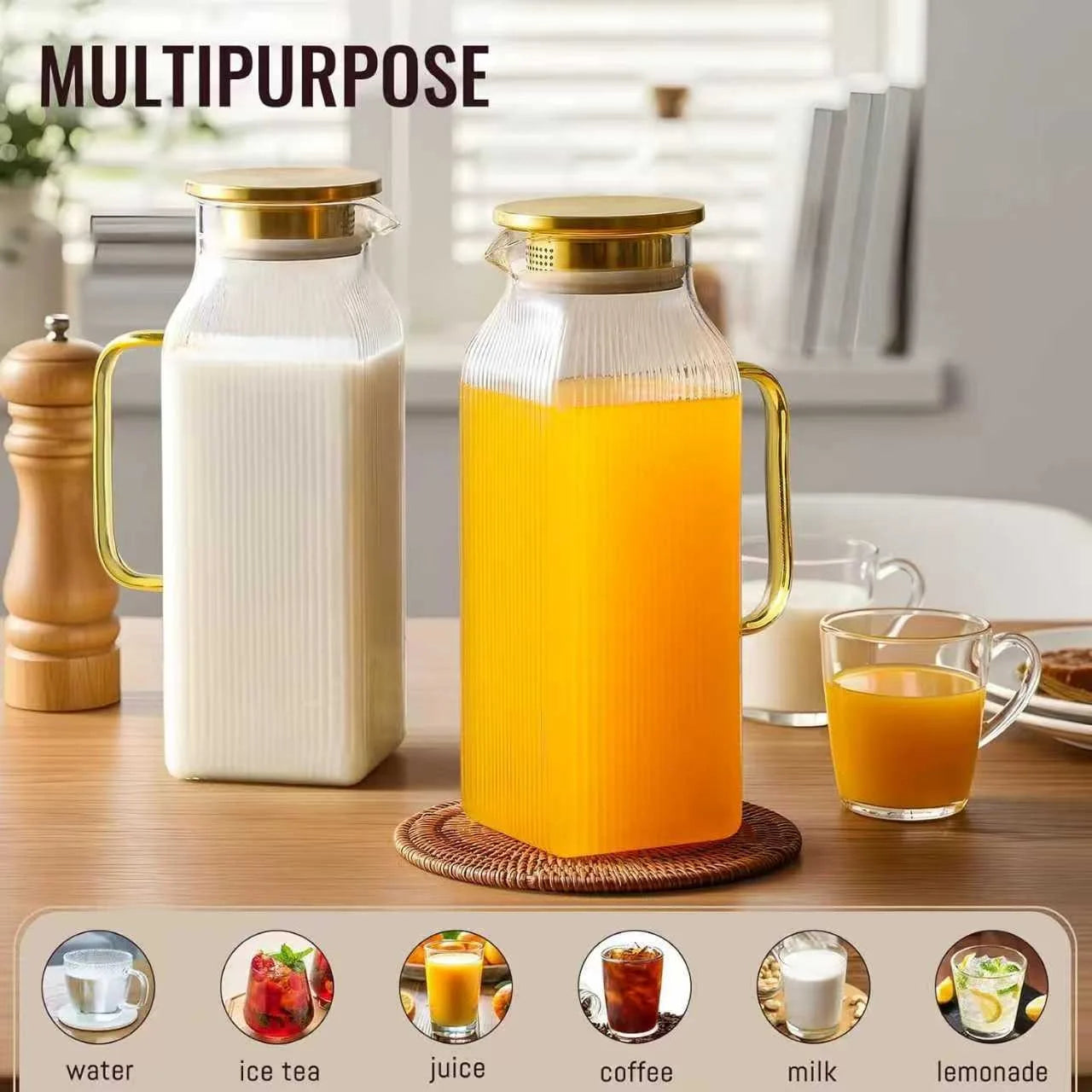 JUSTINLAU 1.2/2L Cold Water Jug High Borosilicate Glass Water Pitcher for Steamed Juice Fruit& Iced Tea Home Kitchen Accessories