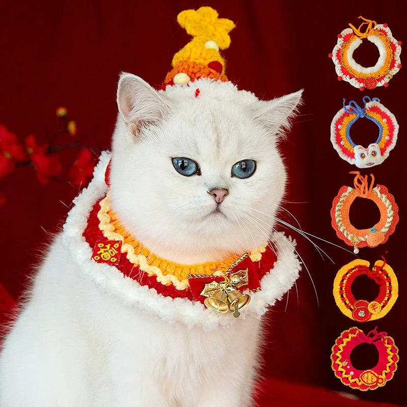 New Year Cat Collar Pet Cat Dog Scarfs Crocheted Kitten Puppy Collar Spring Festival Cat Cosplay Costume Pet Accessiories