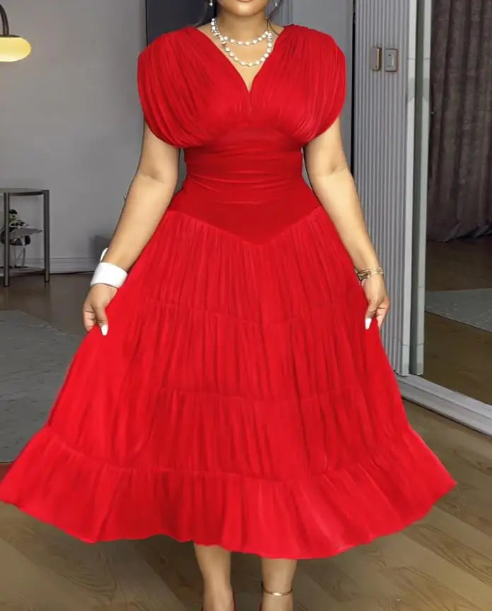 Womens Dresses 2025 Spring New Textured V Neck Sleeveless Ruched Ruffles Hem Dress Casual Waist A Line Party Midi Dress