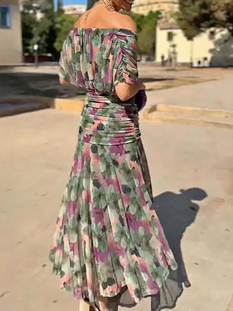 Summer Women Short Sleeve V Neck Sexy Dress, Holiday Female Elegant Fashion Party Dress, 2025 Patchwork Casual Ladies Maxi Dress