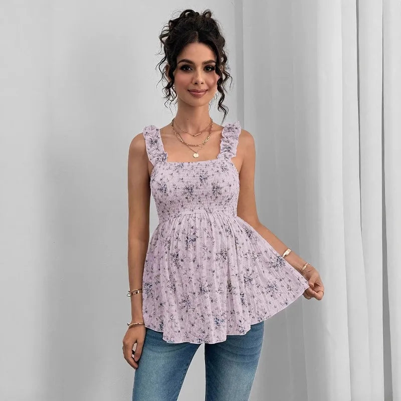 Maternity Clothing Spring and Summer New Printed Suspenders Maternity Top Square Collar A Word Maternity Vest Pregnancy Shirt