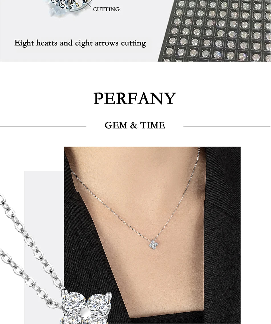 PERFANY All Moissanite Necklace for Women S925 Pure Silver Classic Clover Laboratory Diamond Pendant Fashion Jewelry