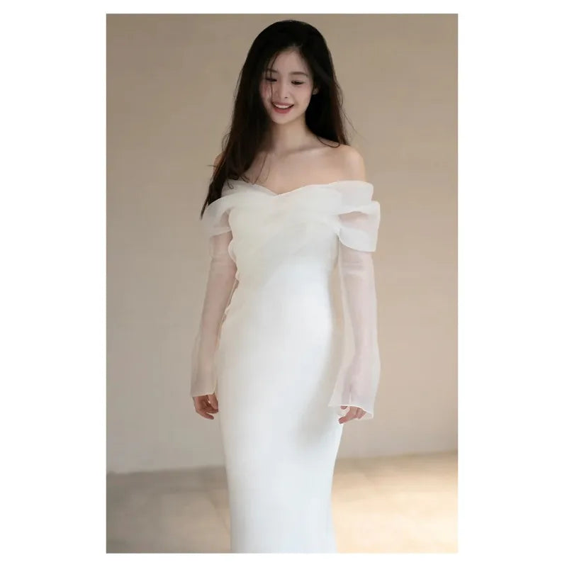 2026 Summer New One Shoulder Satin Light Wedding Dress French Travel Photography Bridal Temperament Simple and Slim Fit Dress