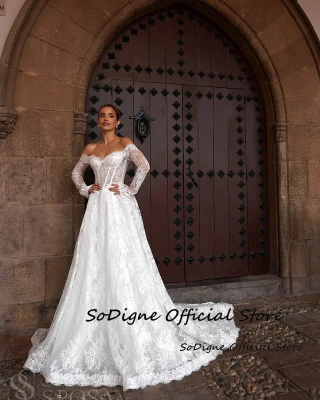 SoDigne A-line Lace Wedding Dresses ﻿Off Shoulder Full Sleeves Bridal Dress Beach Long Wedding Gown Robe De Mairee ﻿Customized