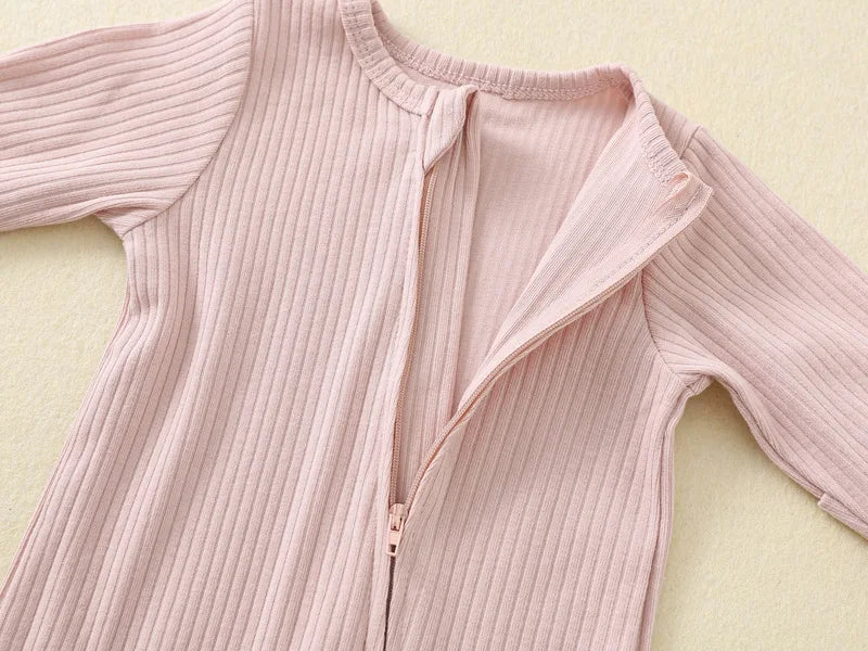 Autumn Zipper Baby Onesie Ribbed Knit Footed Romper Long Sleeve Solid Color Jumpsuit for 0-12M Newborn Infant Outfits