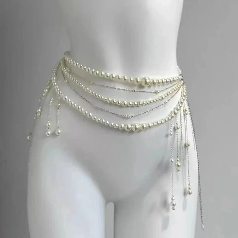 Sexy Geometric Pearl Waist Chain For Women Flower Tassel Double Layer Beads Chain Belt Streetwear Summer Fashion Body Jewelry