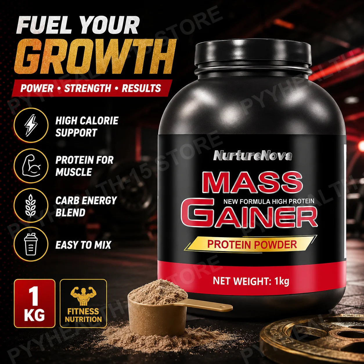 Mass Gainer Protein Powder 1kg Chocolate Flavor, Carb Protein Shake Mix for Adults Fitness Nutrition, Approx 20 Servings