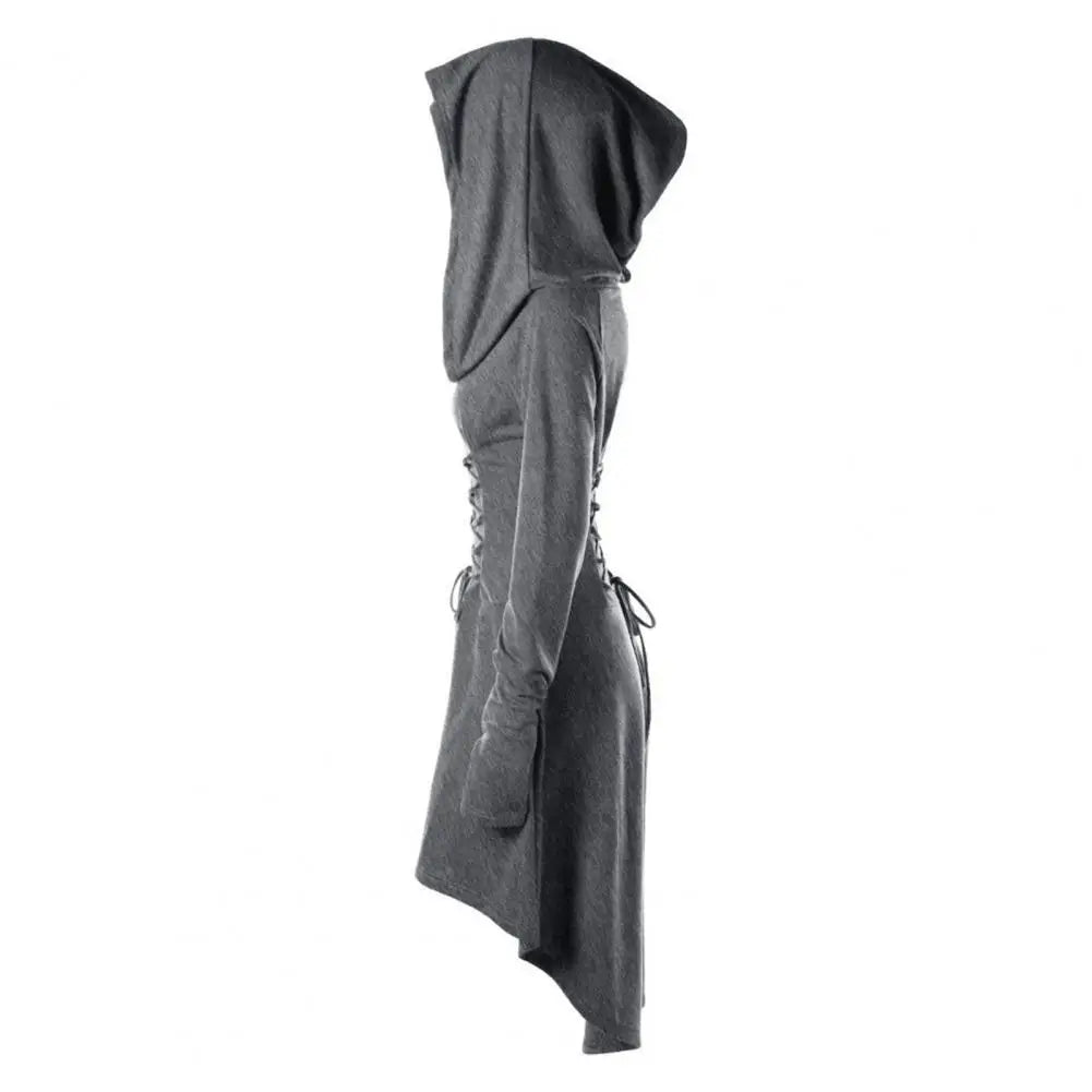 Women Milk Silk Dress Hooded Long Sleeves Lace-up Strap Slim Waist Irregular Hem Women Midi Dress Festival Party Halloween Dress