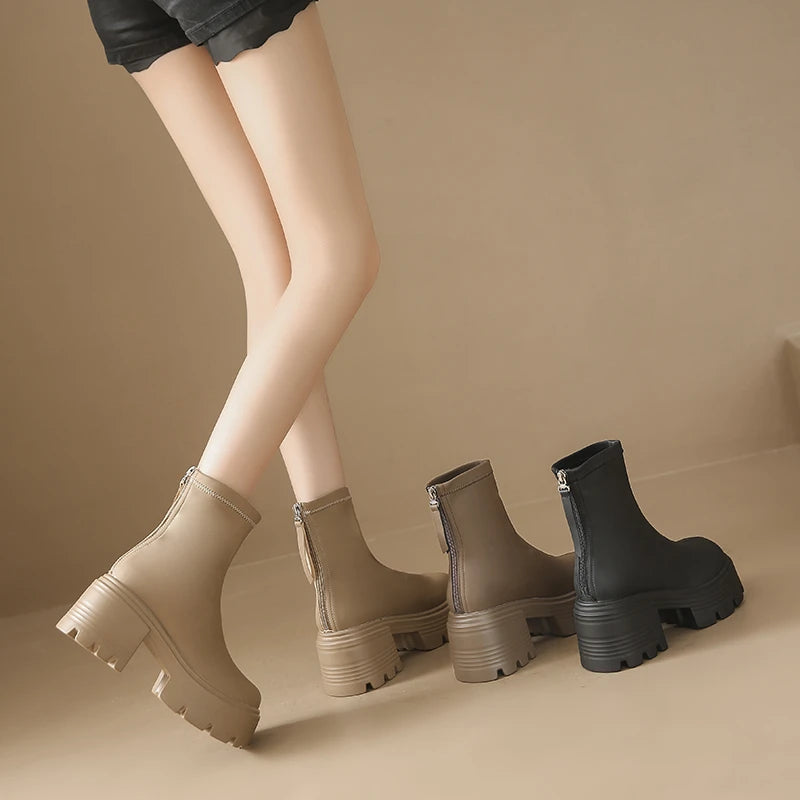8CM Autumn Chunky Boots High Platform Leather Sneakers Women Round Toe Chelsea Boots British Style Thick Sole Female Ankle Shoes