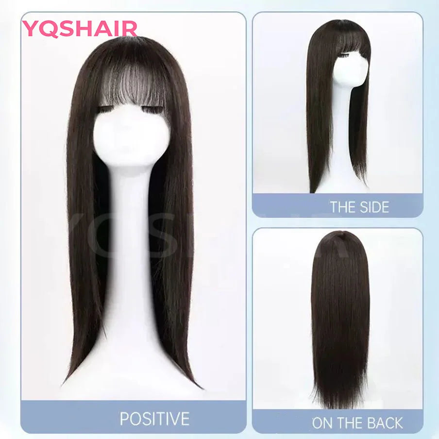 2# Dark Brown with Bangs 6x6“ Silk base Top Wig Glueless for Women 24inch Remy 100% Human Hair Wigs with Elastic Net PU Around