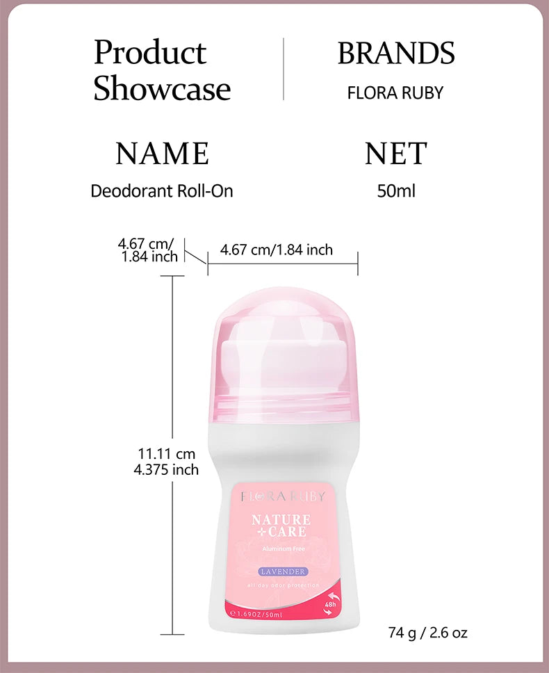 Flora Ruby Cherry Blossom Collection Lavender/Rose/Jasmine/Lily Roll On Deodorant Aluminium free for Women 1.69 fl oz/50 ml