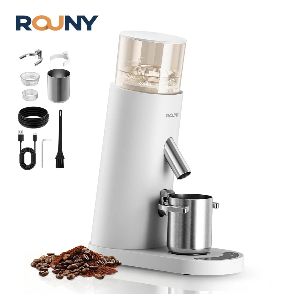 ROUNY Cordless Portable Rechargeable Coffee Grinder for Home & Travel, 60 Settings, 41mm Stainless Steel Burr, LED Touch