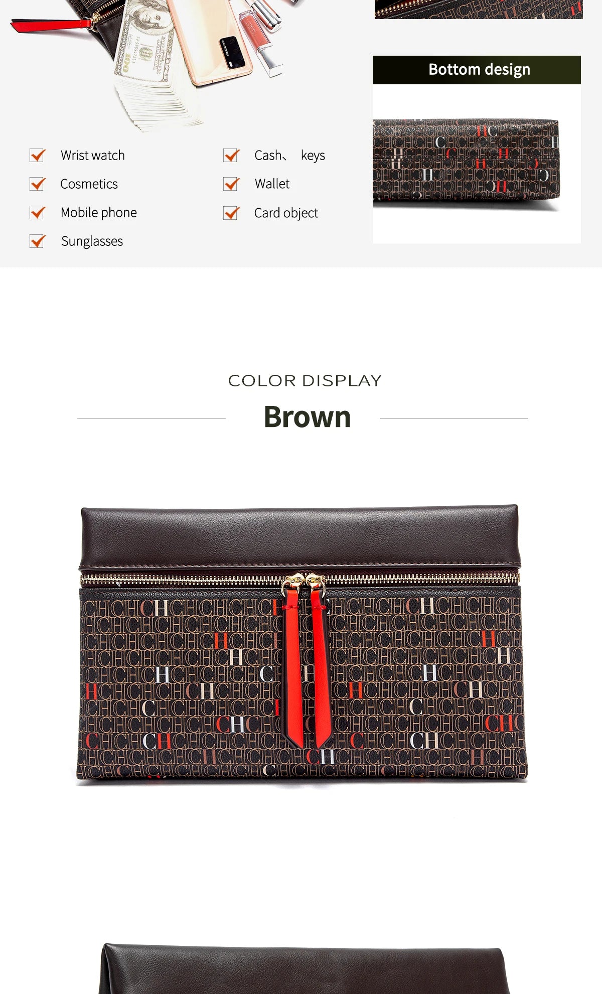 CH Clutch Bag Women Colorful Logo Print Zipper Evening Purse PU Leather Top Flap Handbag For Party Wedding Bolsos