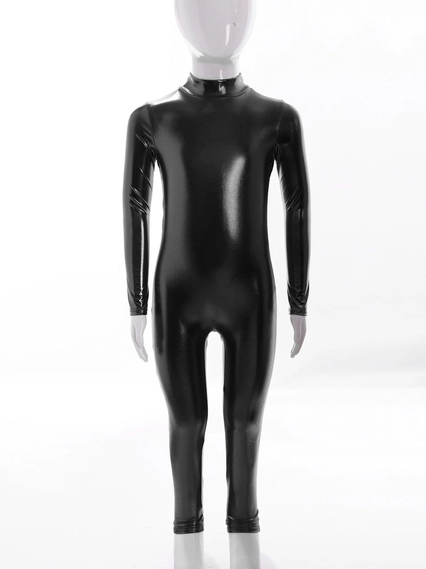 Kids Boys Girls Dance Metallic Jumpsuit Children's Gymnastics Bodysuit Performance Costume Long Sleeve Full Length Leotard