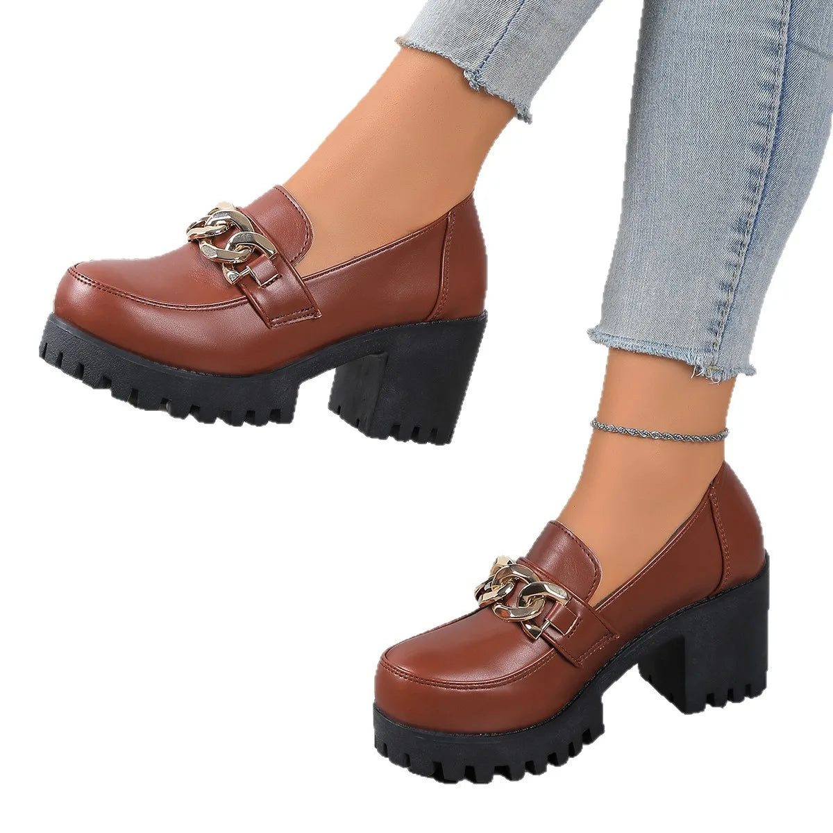 Women's Large Size Thick Heel Slip-On round Toe Leather Shoes Spring Autumn New Style Korean Style PU Leather Mid Heel